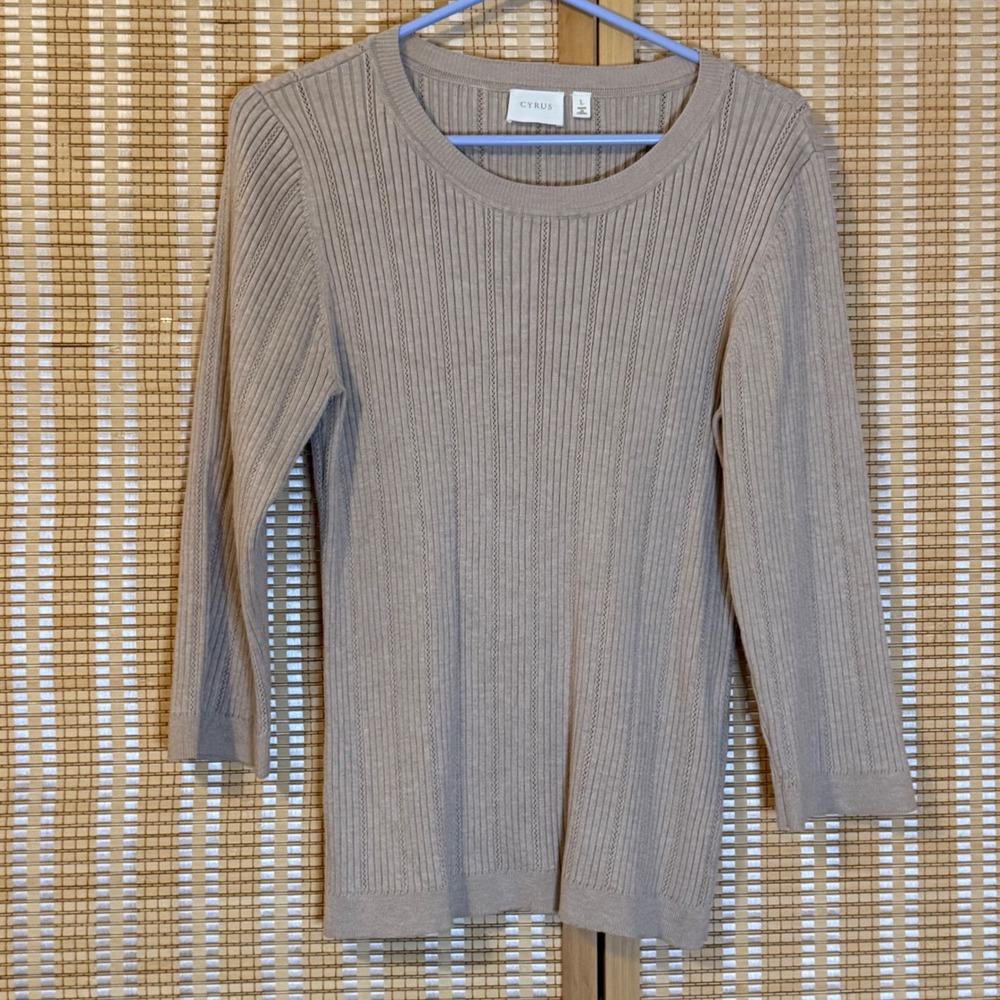 Cyrus Womens Tan Beige Ribbed Pointelle Knit Crew Neck 3/4 Sleeve Sweater Size L